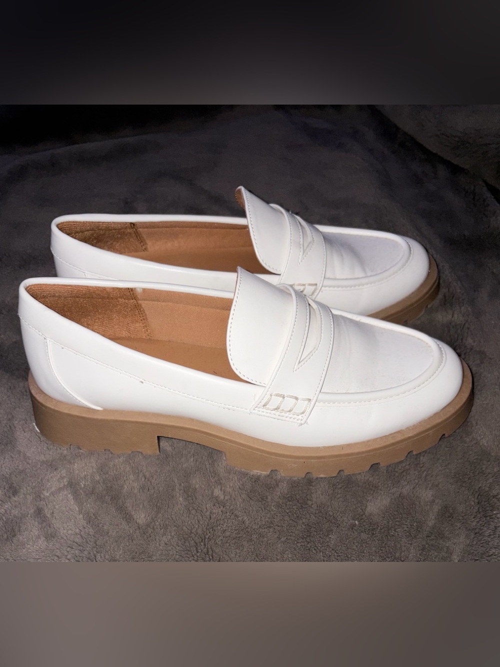 White Penny Loafers with Tan Lug Sole -